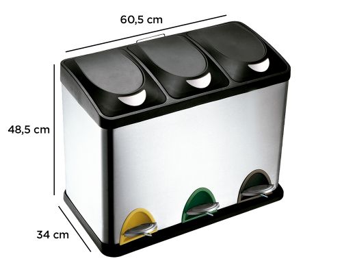 Contentor de lixo metalico q- connect com 3 compartimentos e tampa plastica 45 litros 605x340x485 mm , Q-connect , 72109 , 5705831165502